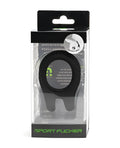 Black plastic sport fucker cockring in clear packaging with green branding designed for athletic use