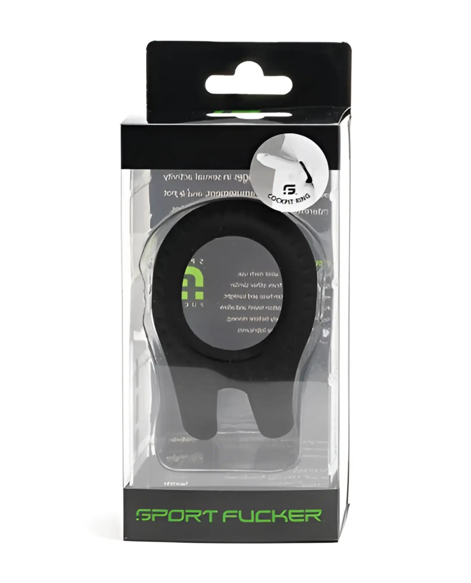 Black plastic sport fucker cockring in clear packaging with green branding designed for athletic use