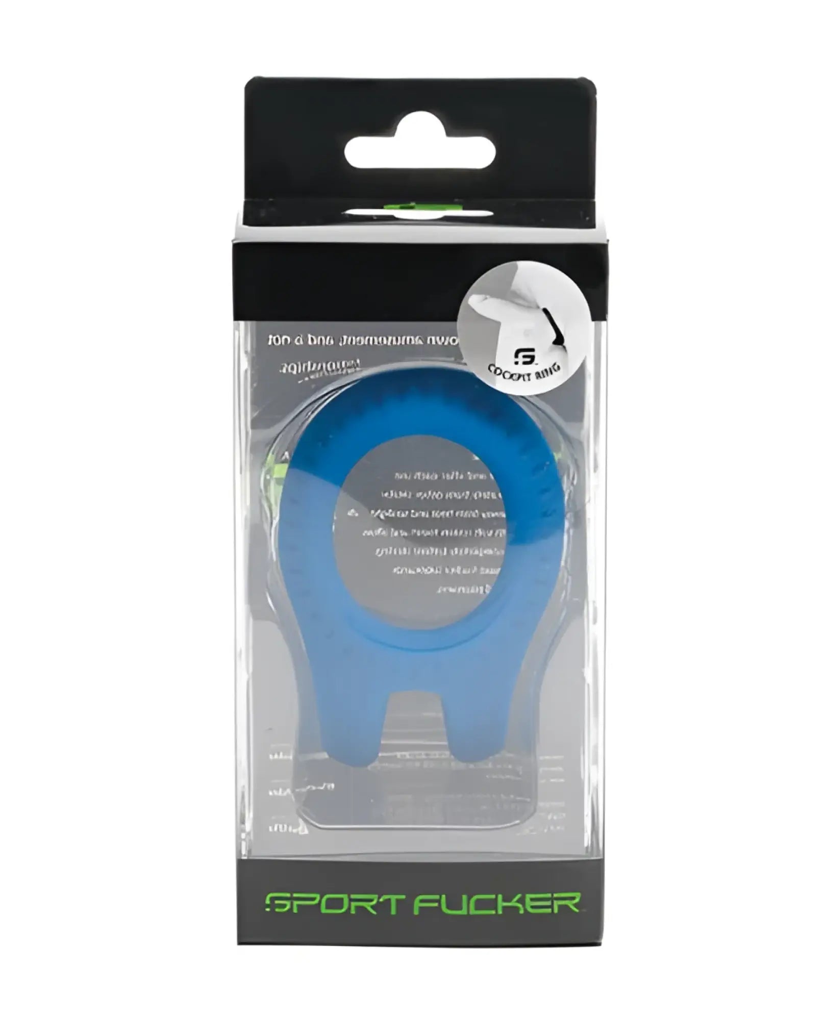 Blue silicone sport fucker cockpit cockring in clear packaging designed for comfortable athletic use