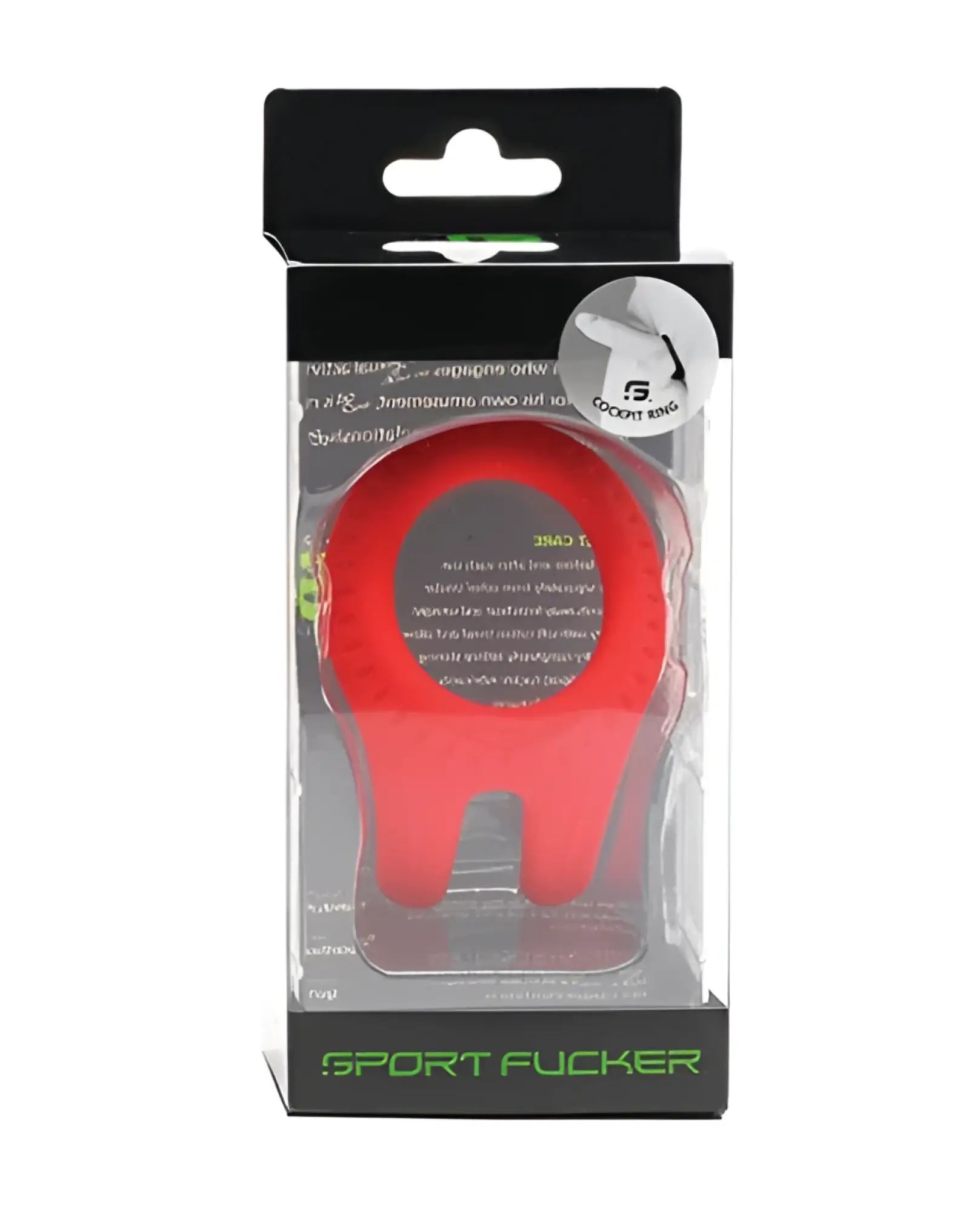 Red silicone sport cockring in clear plastic packaging with black cardboard header and footer for active use