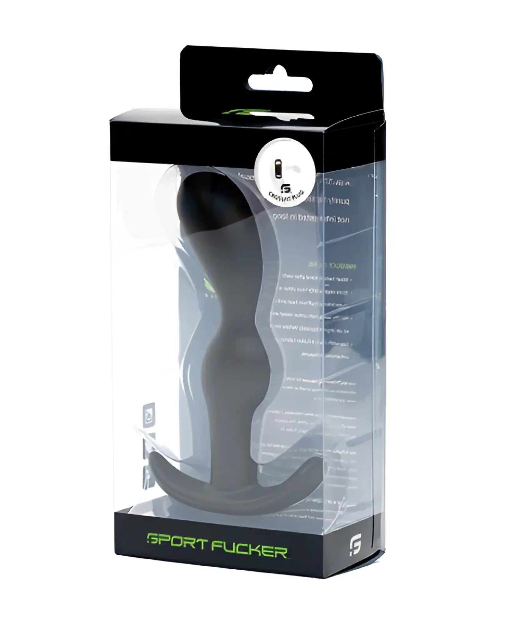 Black silicone anal plug with curved base in clear plastic and black cardboard box labeled sport fucker