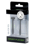 Black plastic clitoral plug set in clear packaging with green sport fucker branding for intimate use