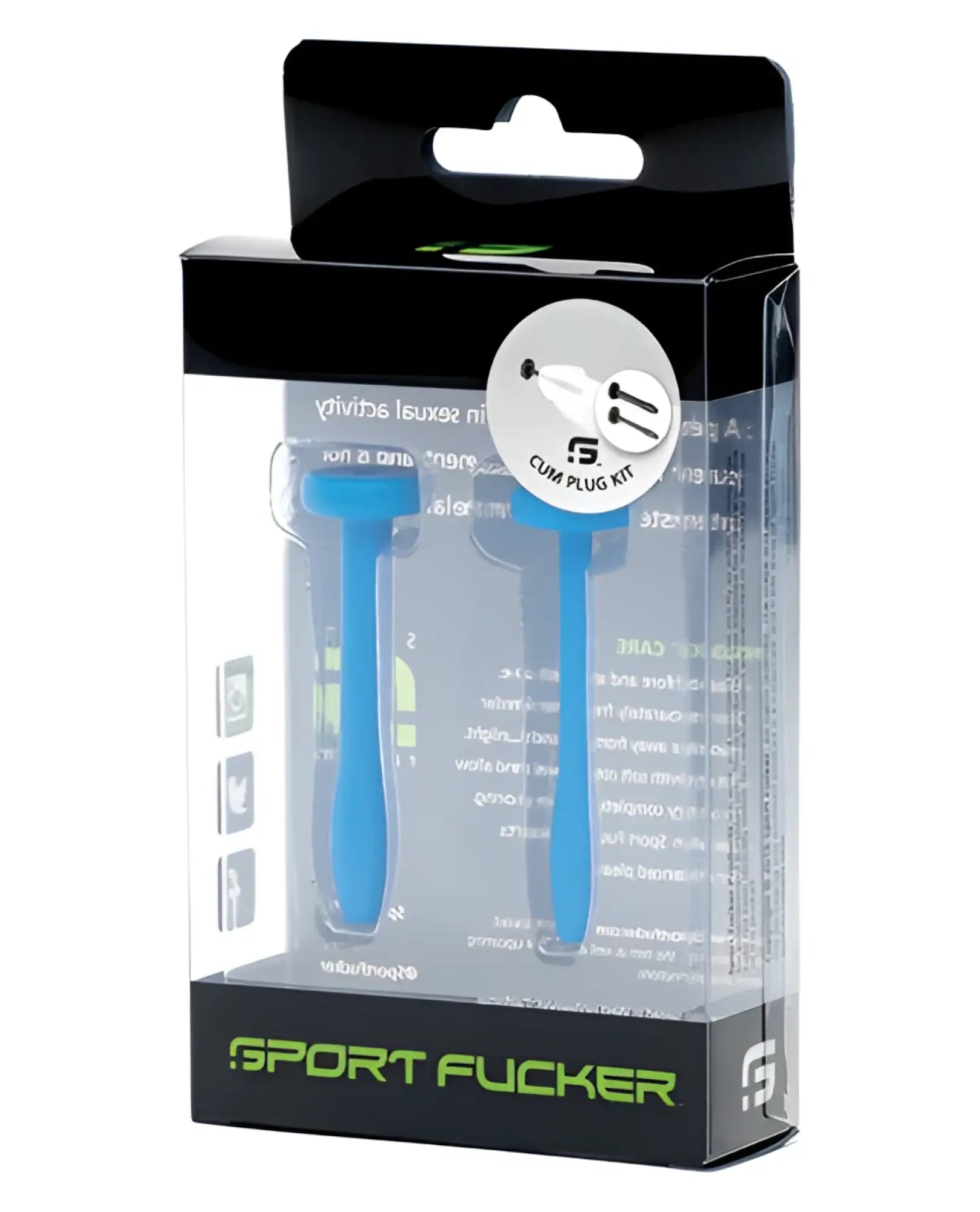Blue plastic sport fucker cum plug kit in black and clear packaging designed for comfortable use