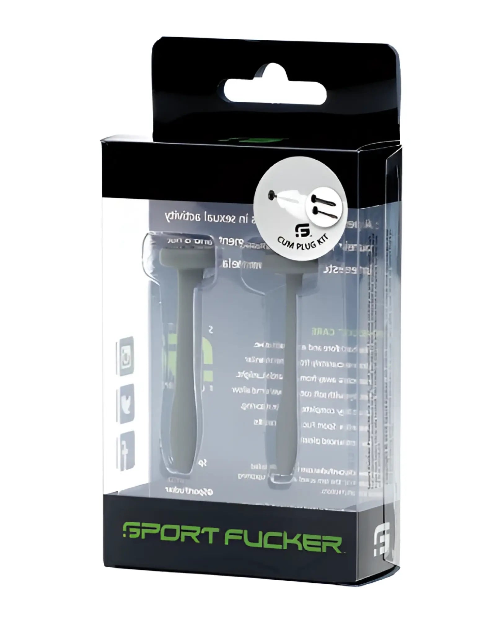 Gray metal cum plug kit in black and green sport fucker packaging for advanced pleasure play