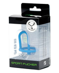 Sport fucker cum stopper 2.0 blue silicone cum stopper in clear plastic packaging with black and green branding