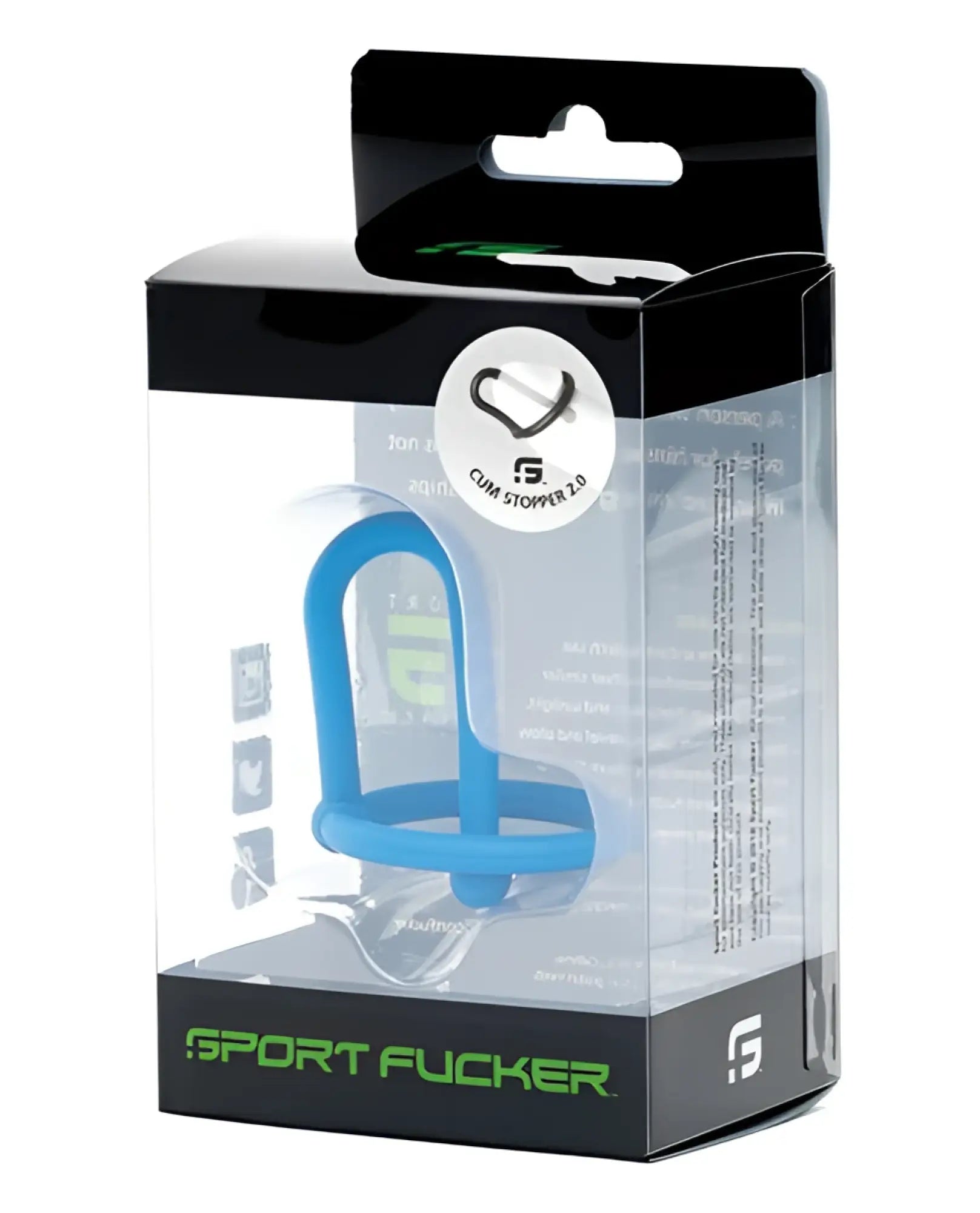 Sport fucker cum stopper 2.0 blue silicone cum stopper in clear plastic packaging with black and green branding