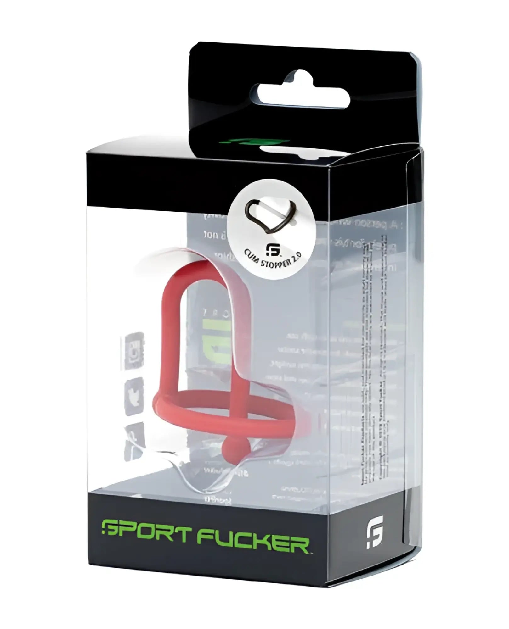 Sport Fucker Cum Stopper 2.0 red silicone sport stopper in clear plastic packaging with black and green branding