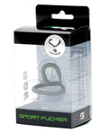 Gray silicone cum stopper in black and clear plastic packaging with green sport fucker branding visible