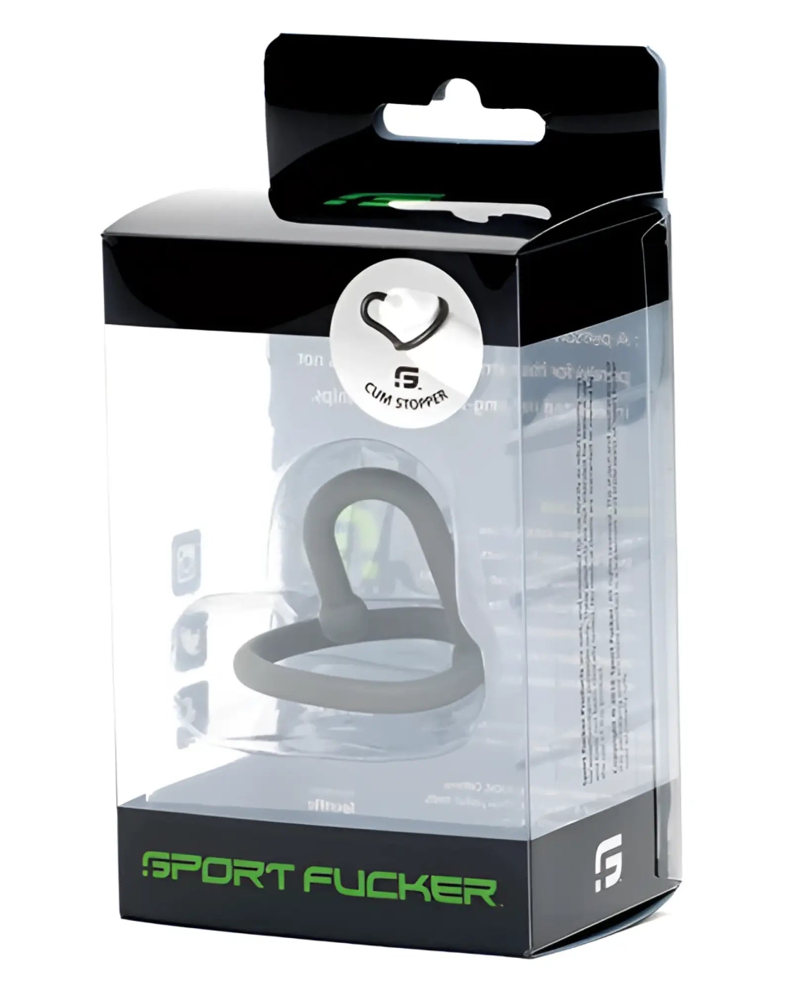 Gray silicone cum stopper in black and clear plastic packaging with green sport fucker branding visible