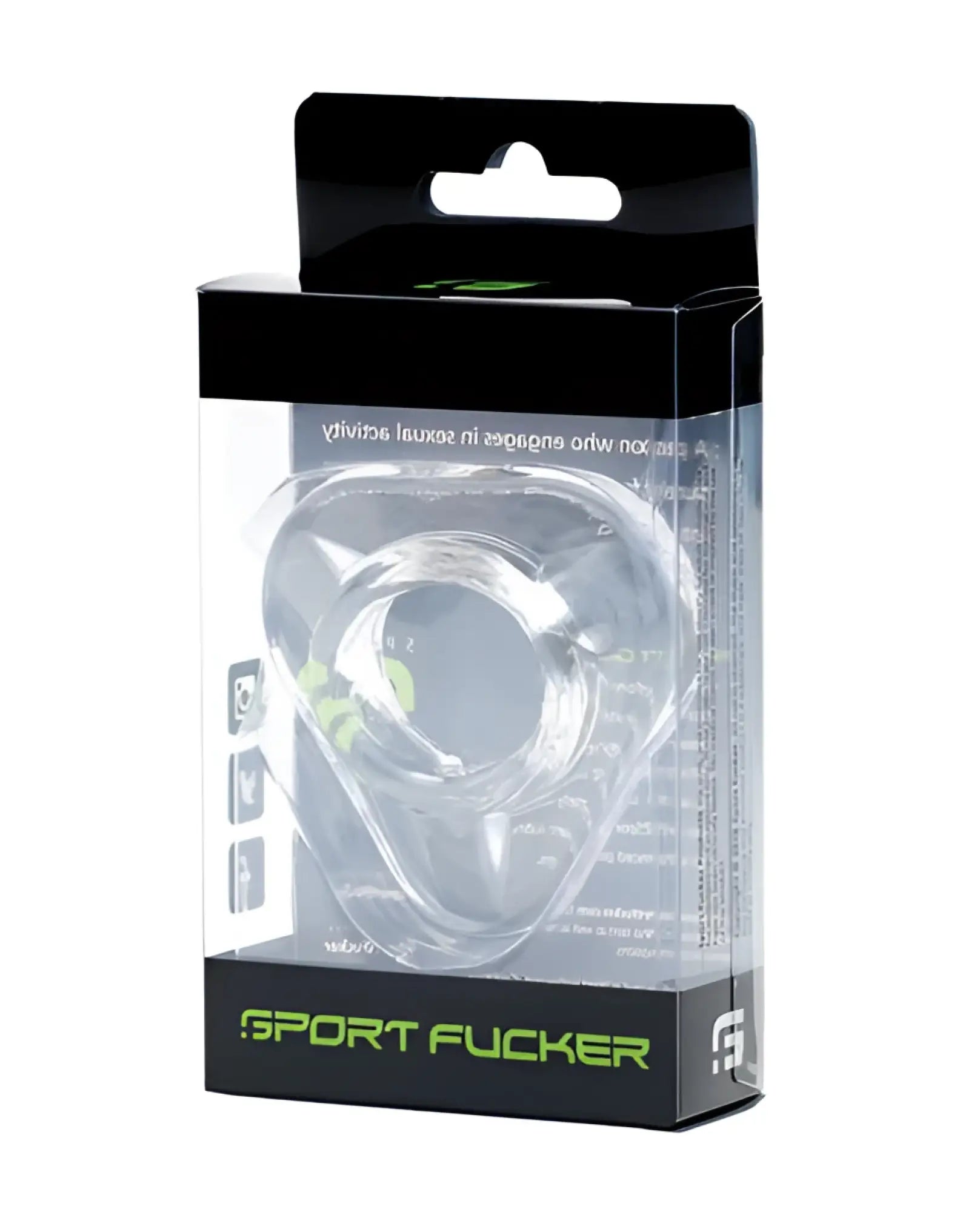 Clear plastic sport fucker defender ring with sleek modern design and green branding for active use