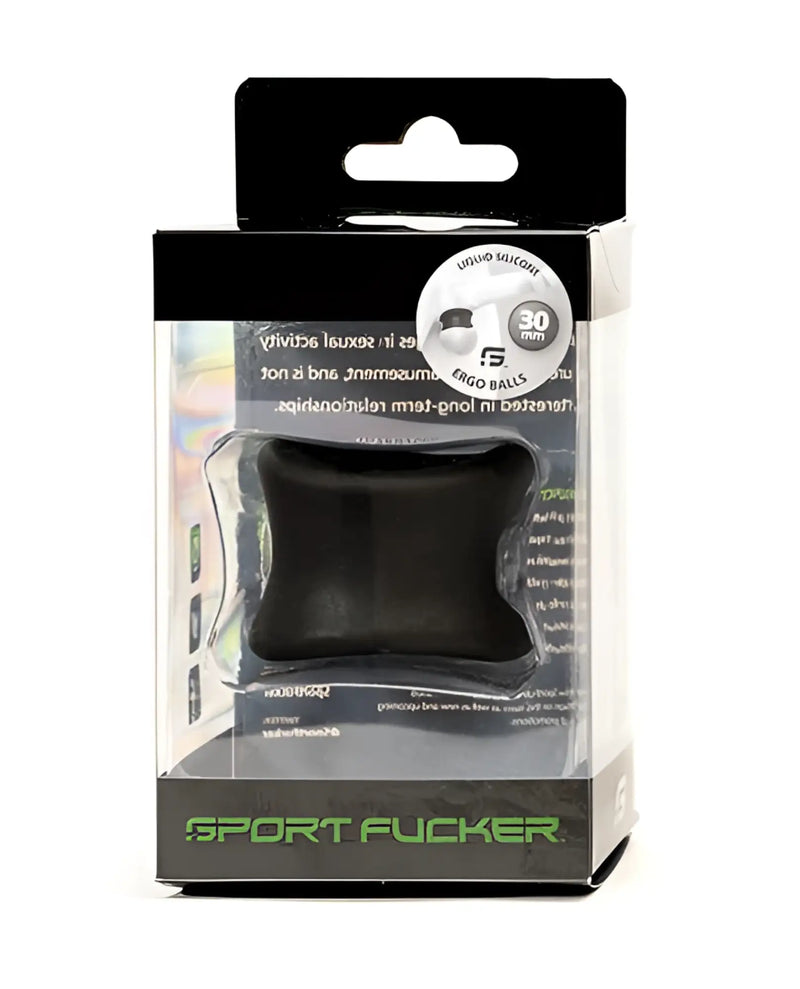 Black silicone ergonomic ball 30mm packaged in clear and black retail box labeled sport fucker for sport use