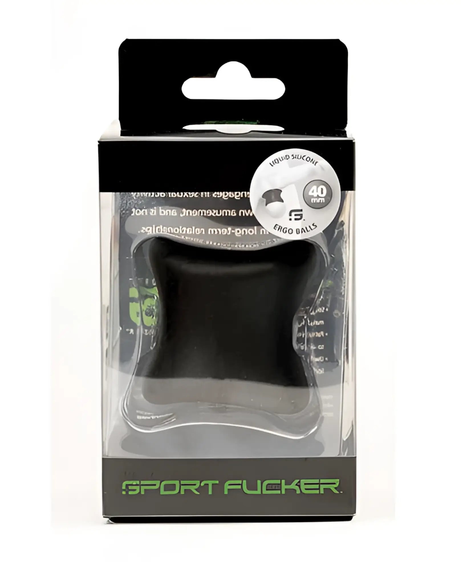 Sport fucker ergo balls 40mm black liquid silicone in clear plastic package with green branding and text