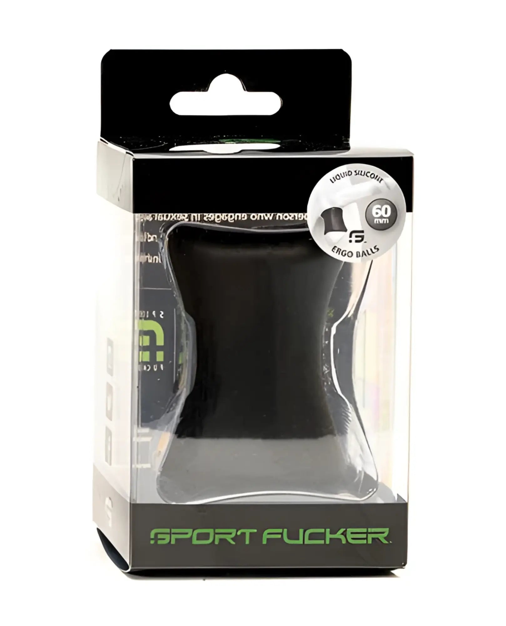 Black liquid silicone sport fucker ergo balls 60mm in clear plastic package with green branding