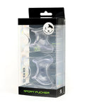Clear plastic ergonomic ball stretcher kit with black packaging and green Sport Fucker branding for sports use