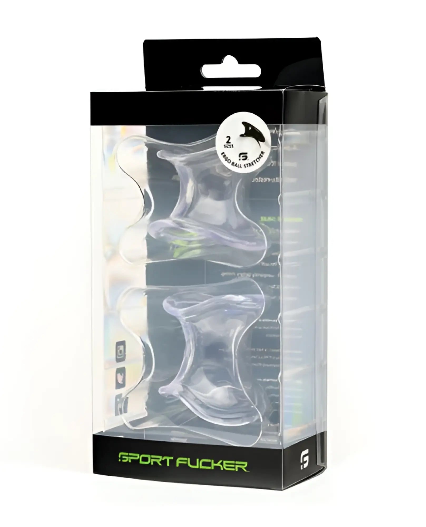 Clear plastic ergonomic ball stretcher kit with black packaging and green Sport Fucker branding for sports use