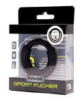 Black silicone sport fucker fusion boost ring 58 mm with yellow logo in clear plastic and black cardboard box packaging