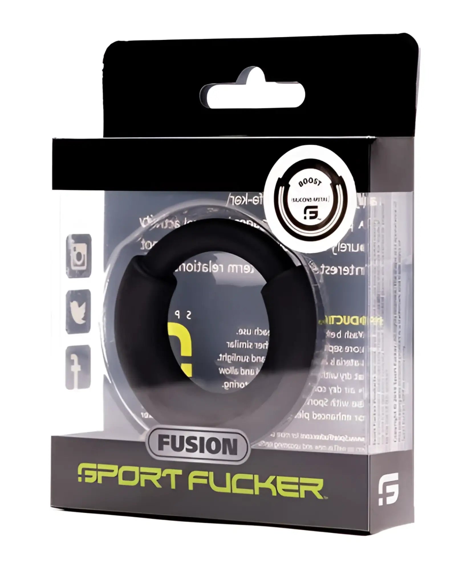 Black silicone sport fucker fusion boost ring 58 mm with yellow logo in clear plastic and black cardboard box packaging