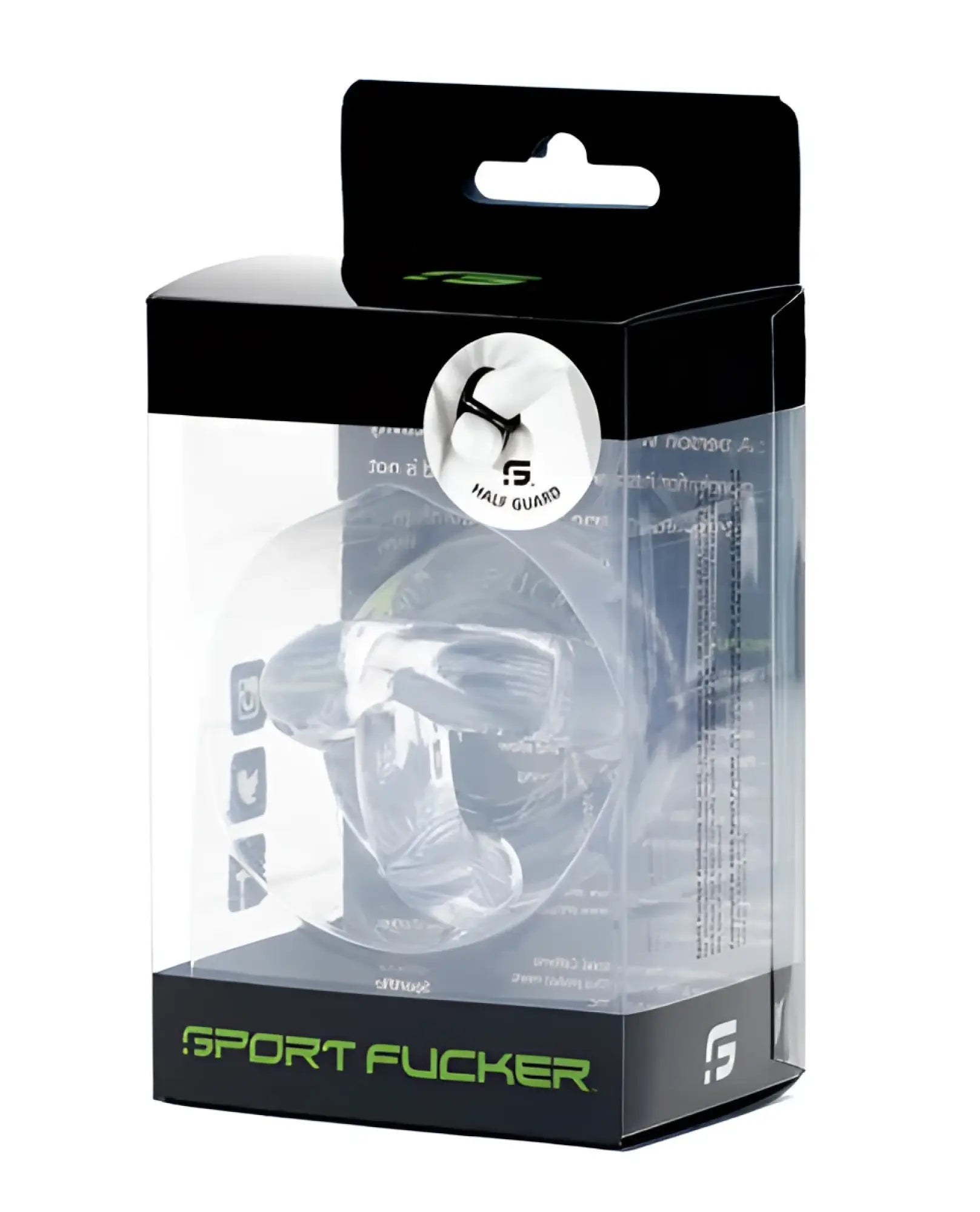 Clear plastic sports half guard in black and green packaging designed for impact protection during sport activities