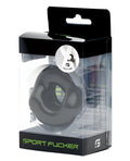 Black silicone half pipe sports cock ring in clear packaging with green sport fucker branding visible