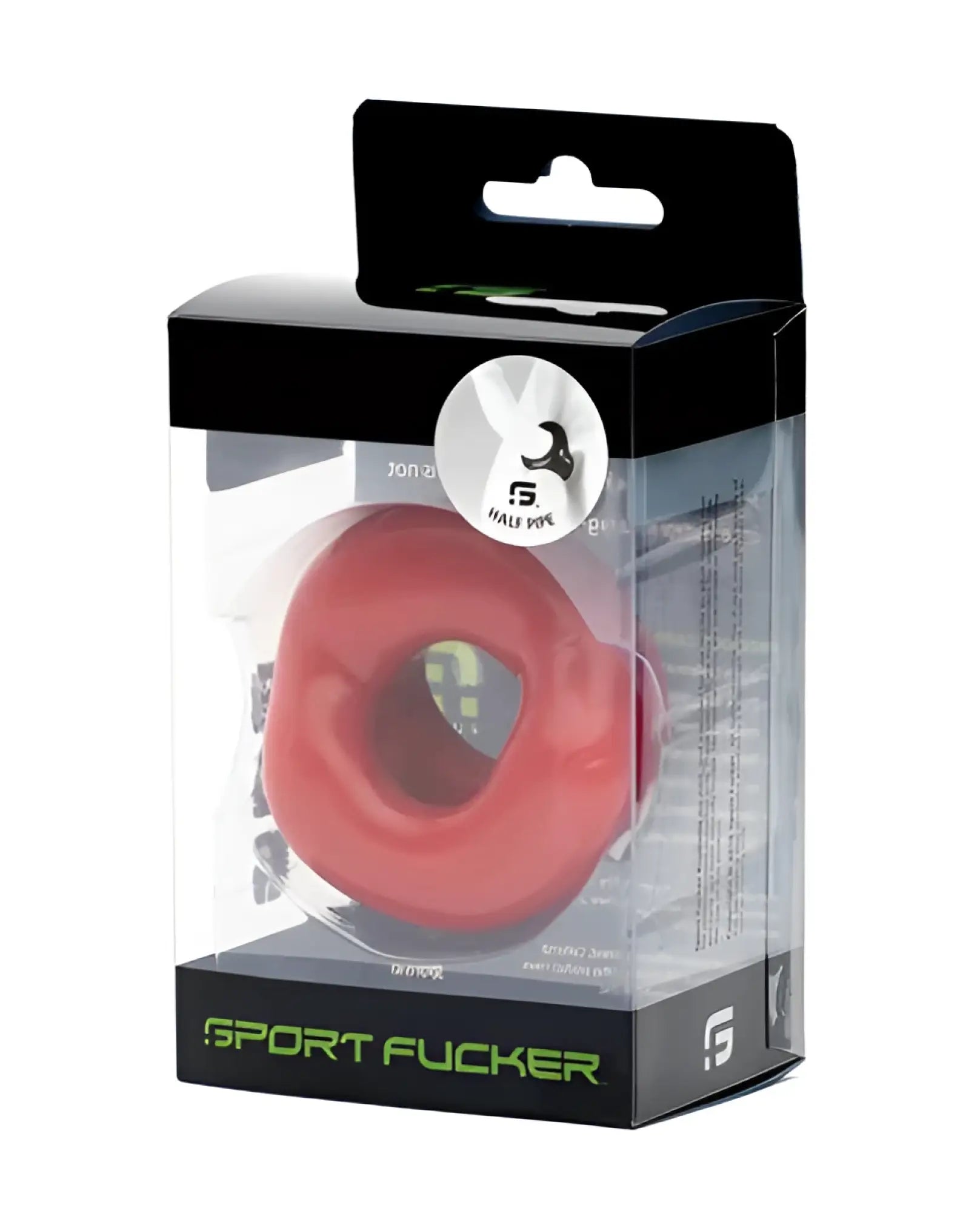 Red silicone male pipe sport fucker in clear packaging designed for sporty use and easy handling