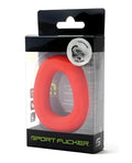 Bright red flexible silicone sport fucker hero ring in black and clear plastic packaging for active use