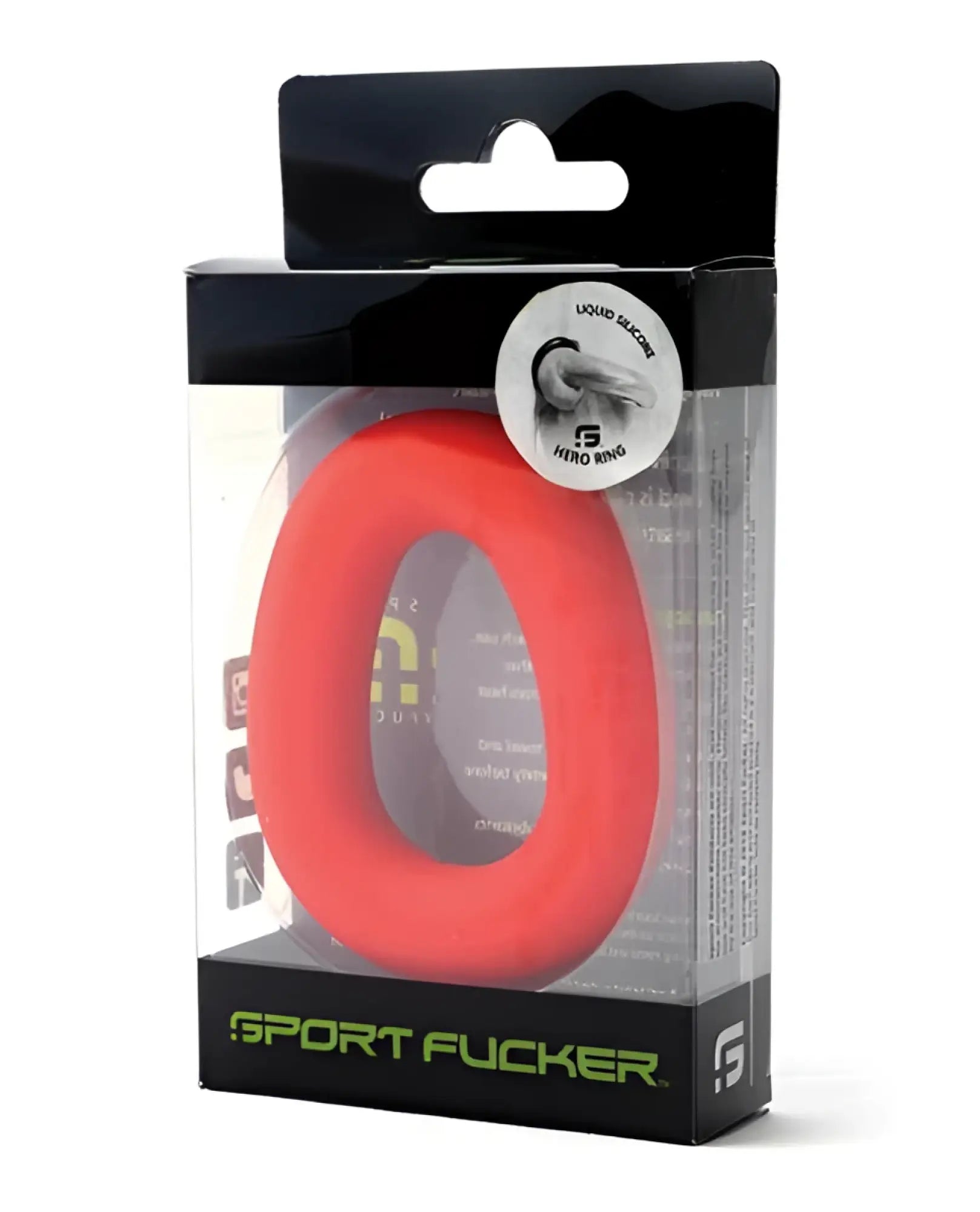 Bright red flexible silicone sport fucker hero ring in black and clear plastic packaging for active use