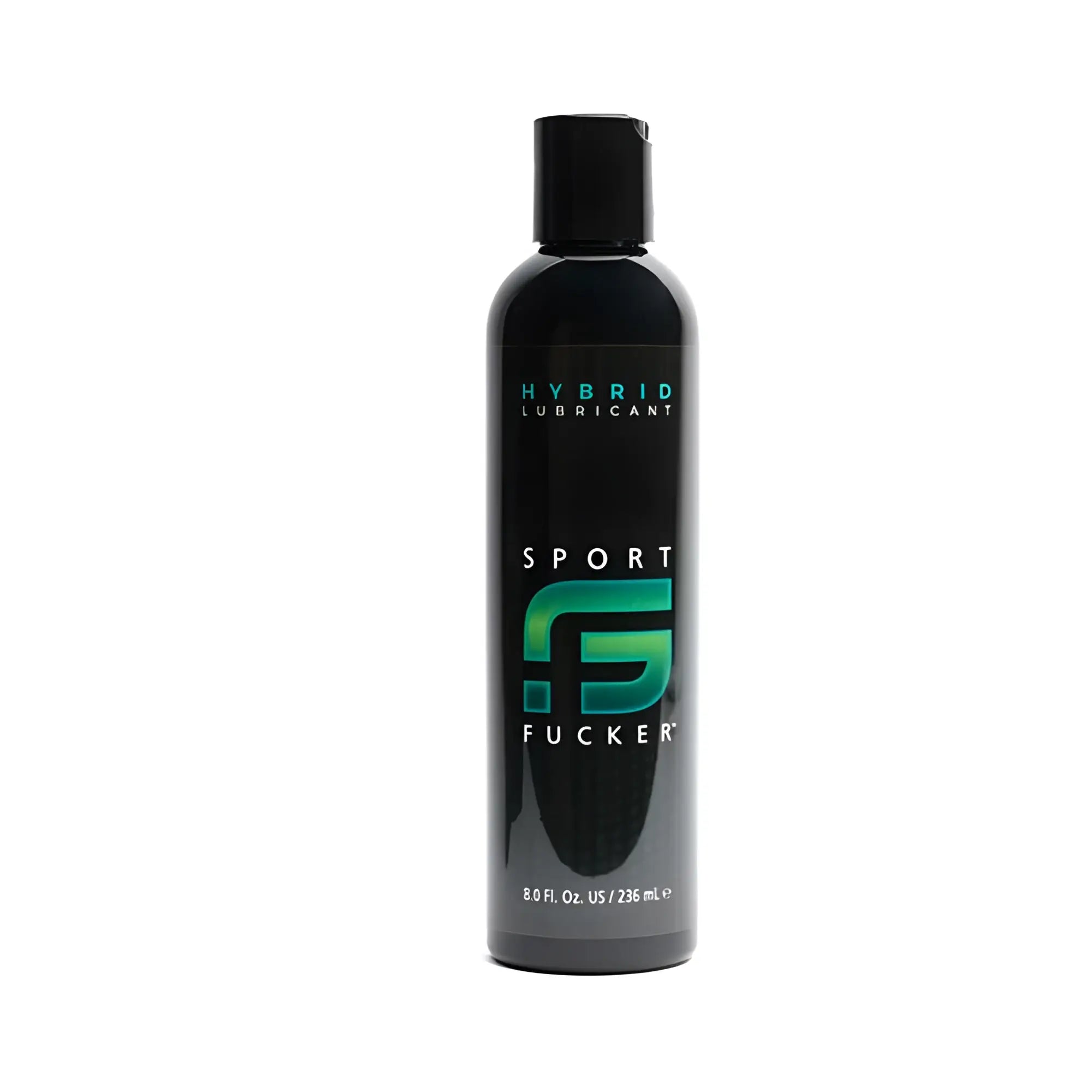 Black sport fucker hybrid lubricant bottle with glossy finish and teal logo for 8 oz use