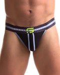 Black sport fucker jersey jock briefs with neon green and light gray stripes and logo waistband in size large