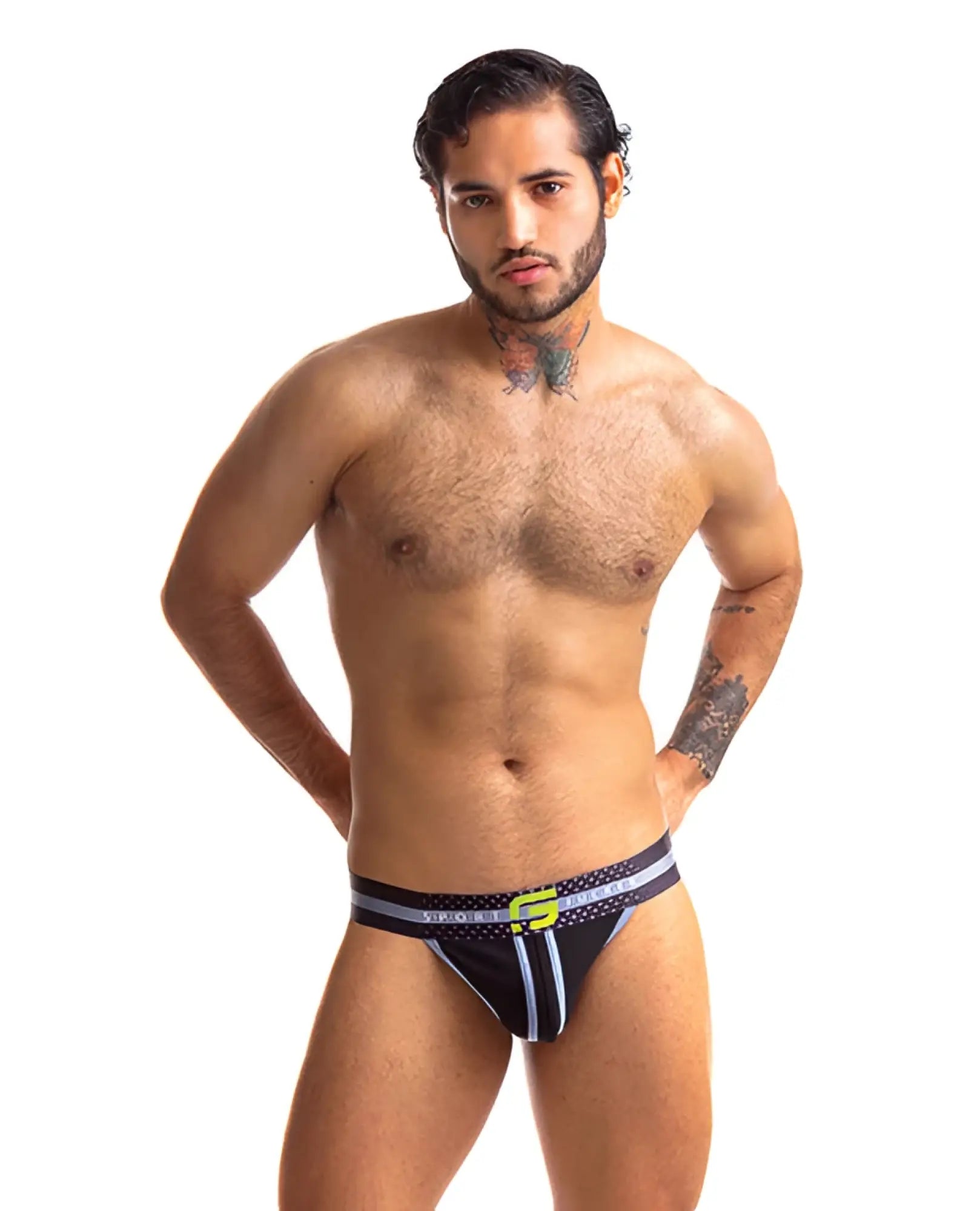 Sport Fucker Jersey Jock athletic briefs in black and gray with neon green logo on waistband in size large
