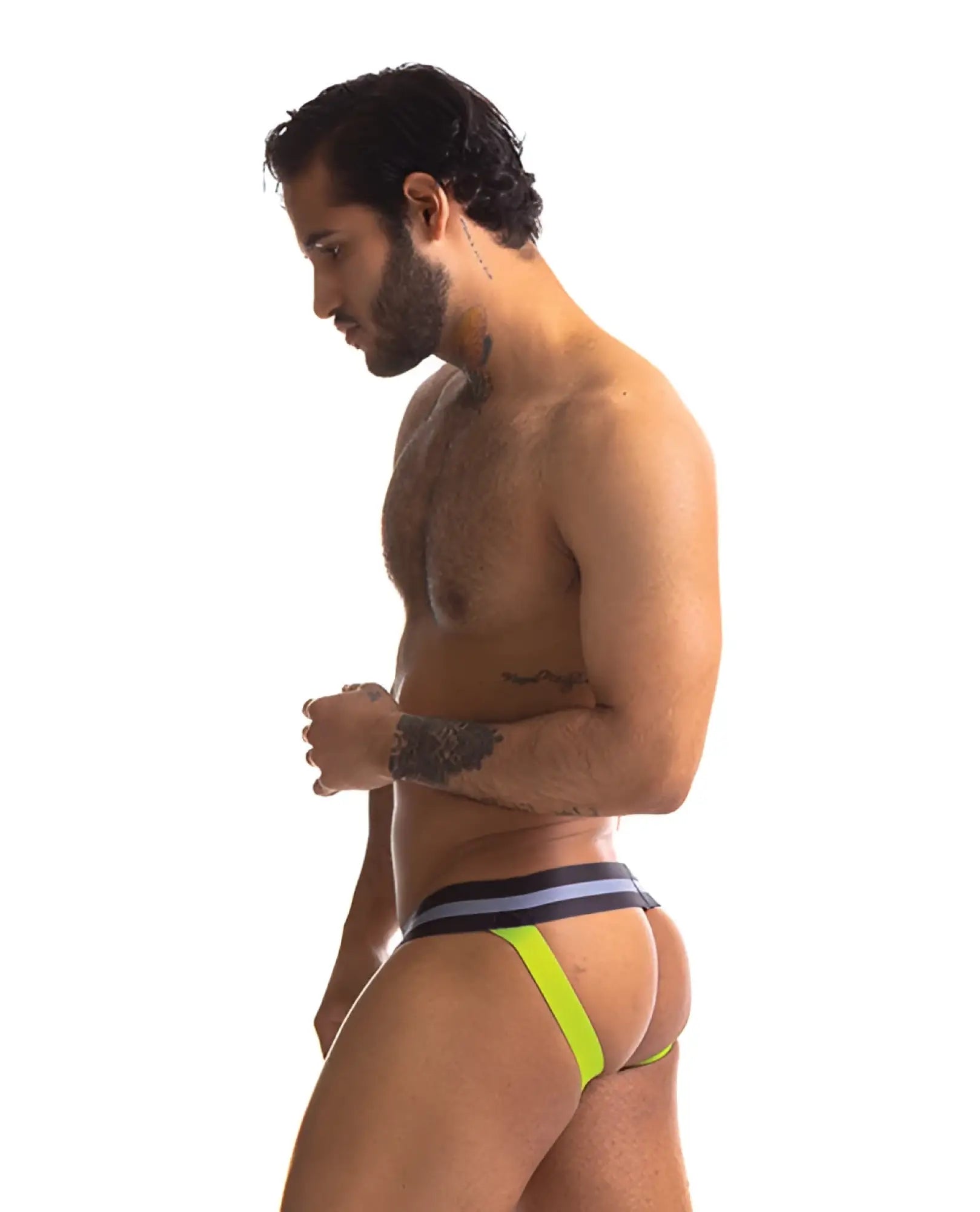 Neon green and navy blue athletic briefs with striped waistband sport fucker jersey jock l black black back view