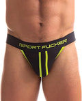 Black sport fucker jersey jock briefs with neon green trim and matching logo waistband in size large