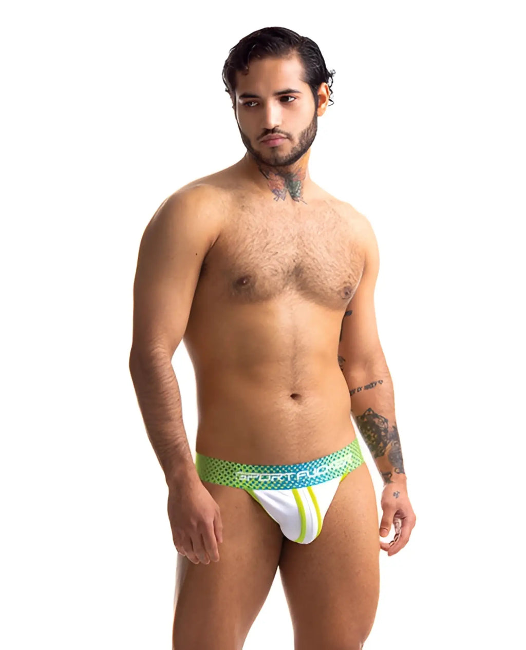 Sport fucker jersey jock briefs in white and green with lime green stripe detail for athletic wear