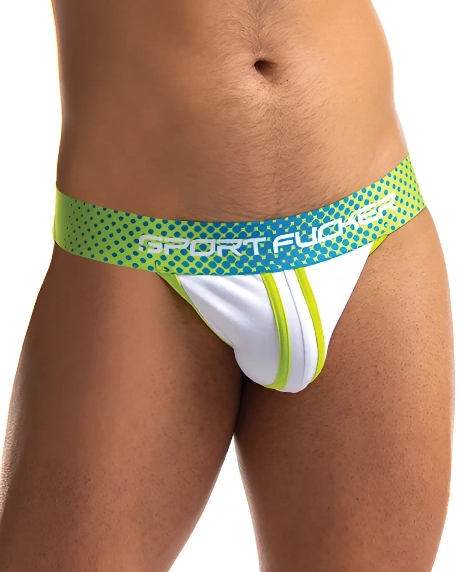 White and neon green sport fucker jersey jock briefs with bold logo on elastic waistband for athletic use