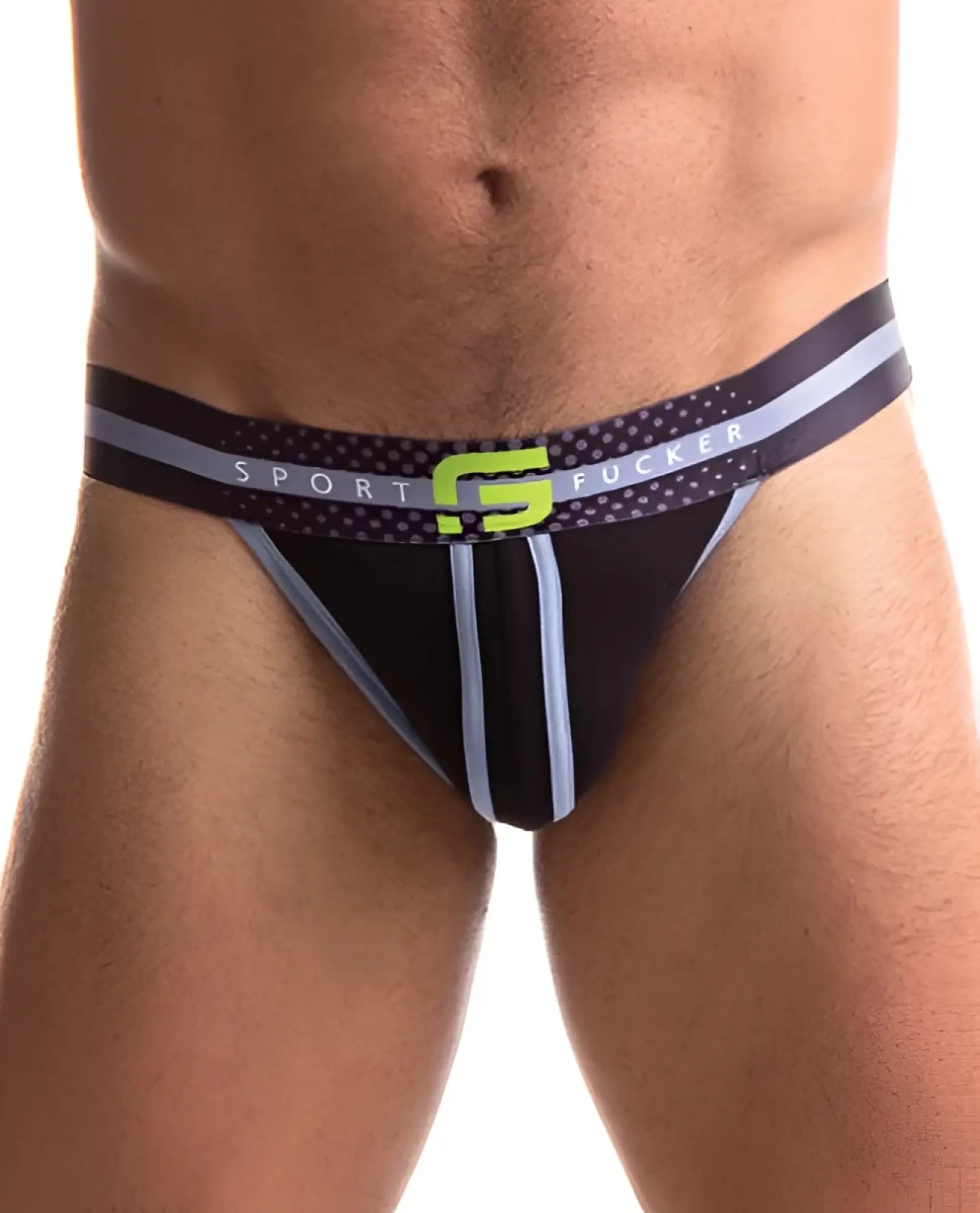 Black and gray sport fucker jersey jock athletic briefs with neon green branding in size medium back view
