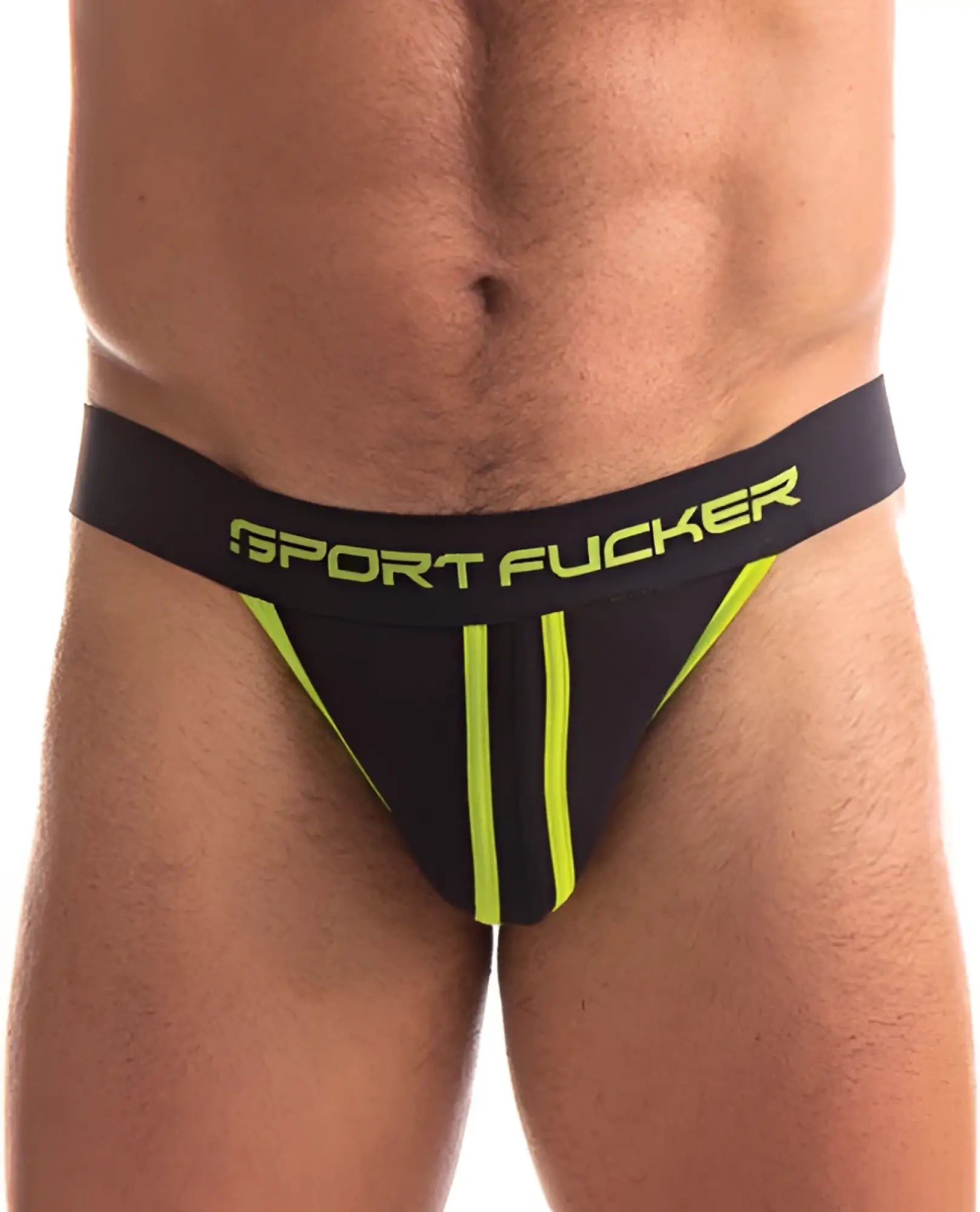 Black athletic briefs with neon green trim and sport fucker logo on waistband in sport fucker jersey jock m black green