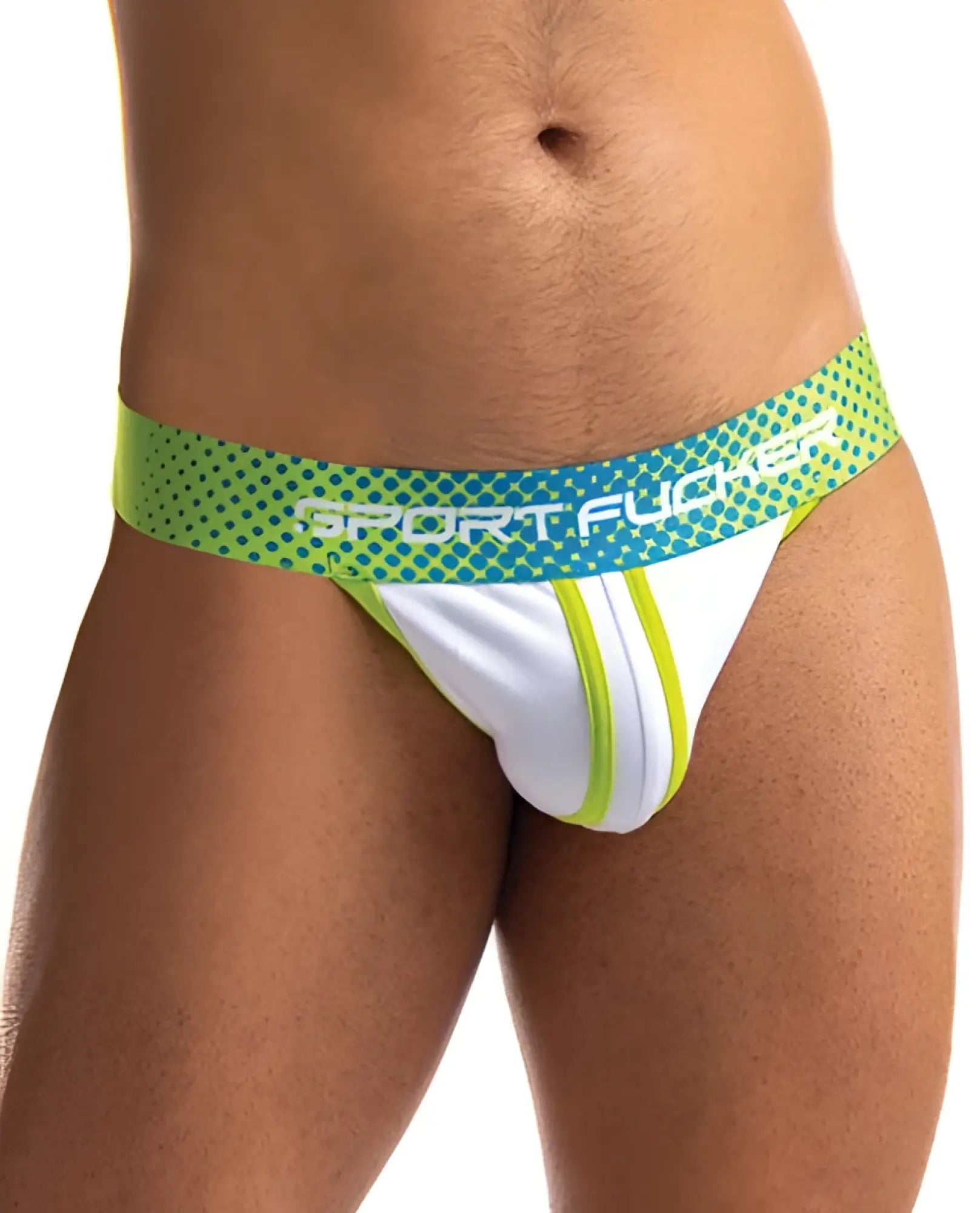 White and neon green sport fucker jersey jock briefs with dotted waistband in xl for athletic use