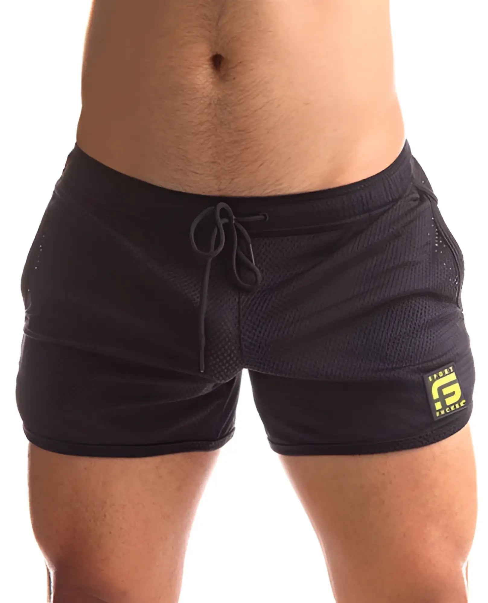 Sport fucker jersey short xxl black mesh athletic shorts with drawstring waistband and neon green logo patch on right leg