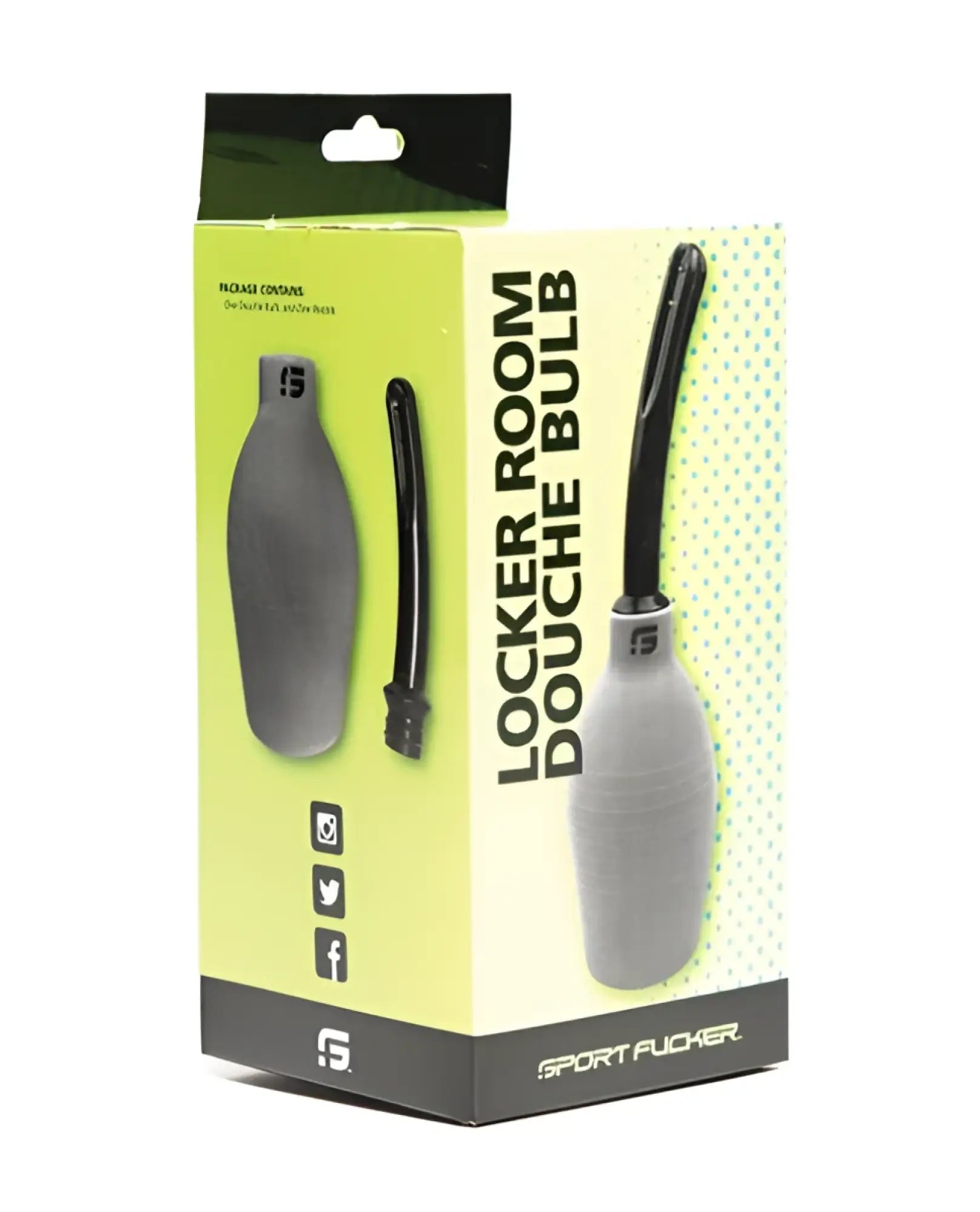 Gray silicone sport fucker locker room universal douche bulb with black rubber nozzle in lime green box