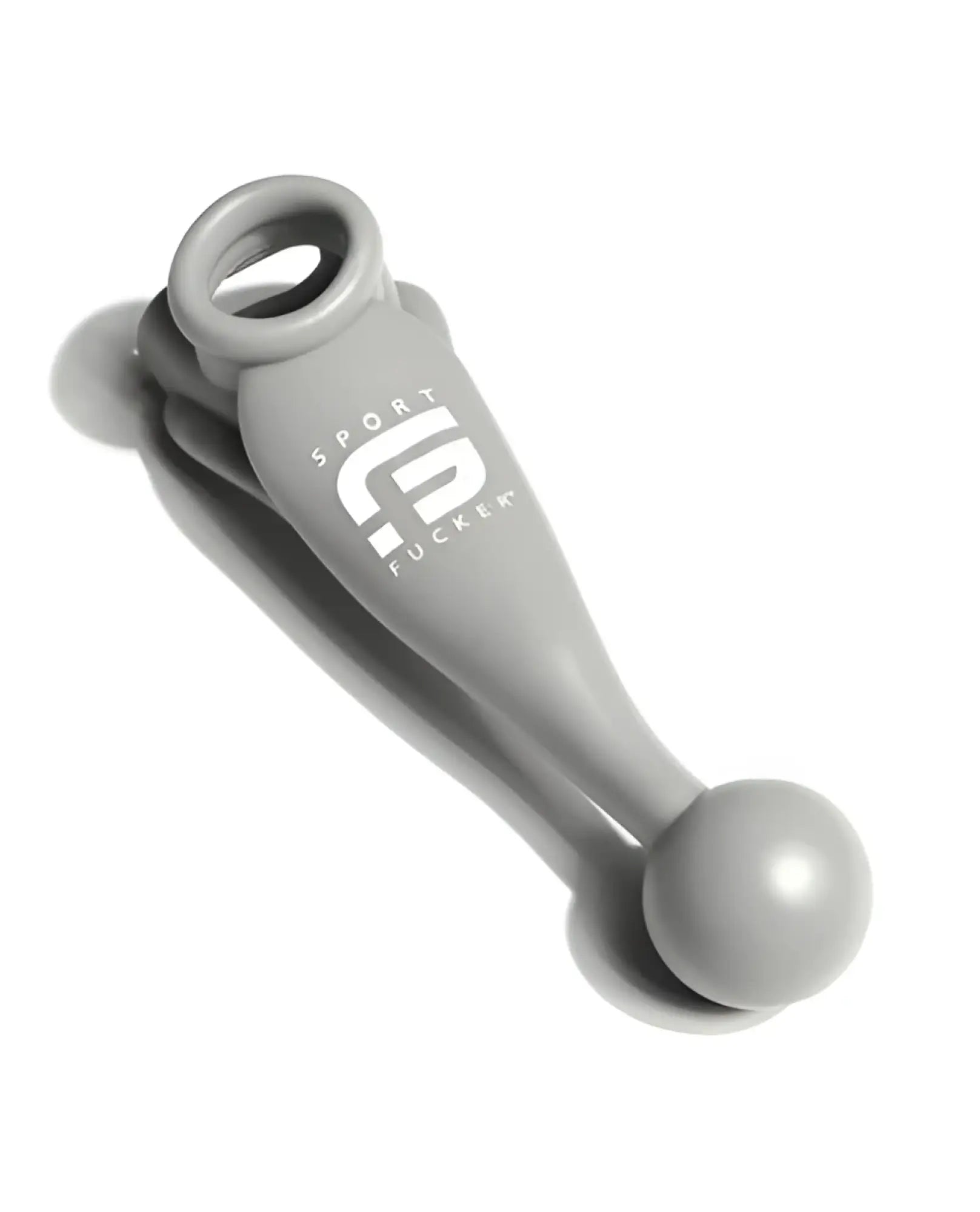 Gray silicone sport fucker meat harness with circular handle and rounded end featuring white logo lettering