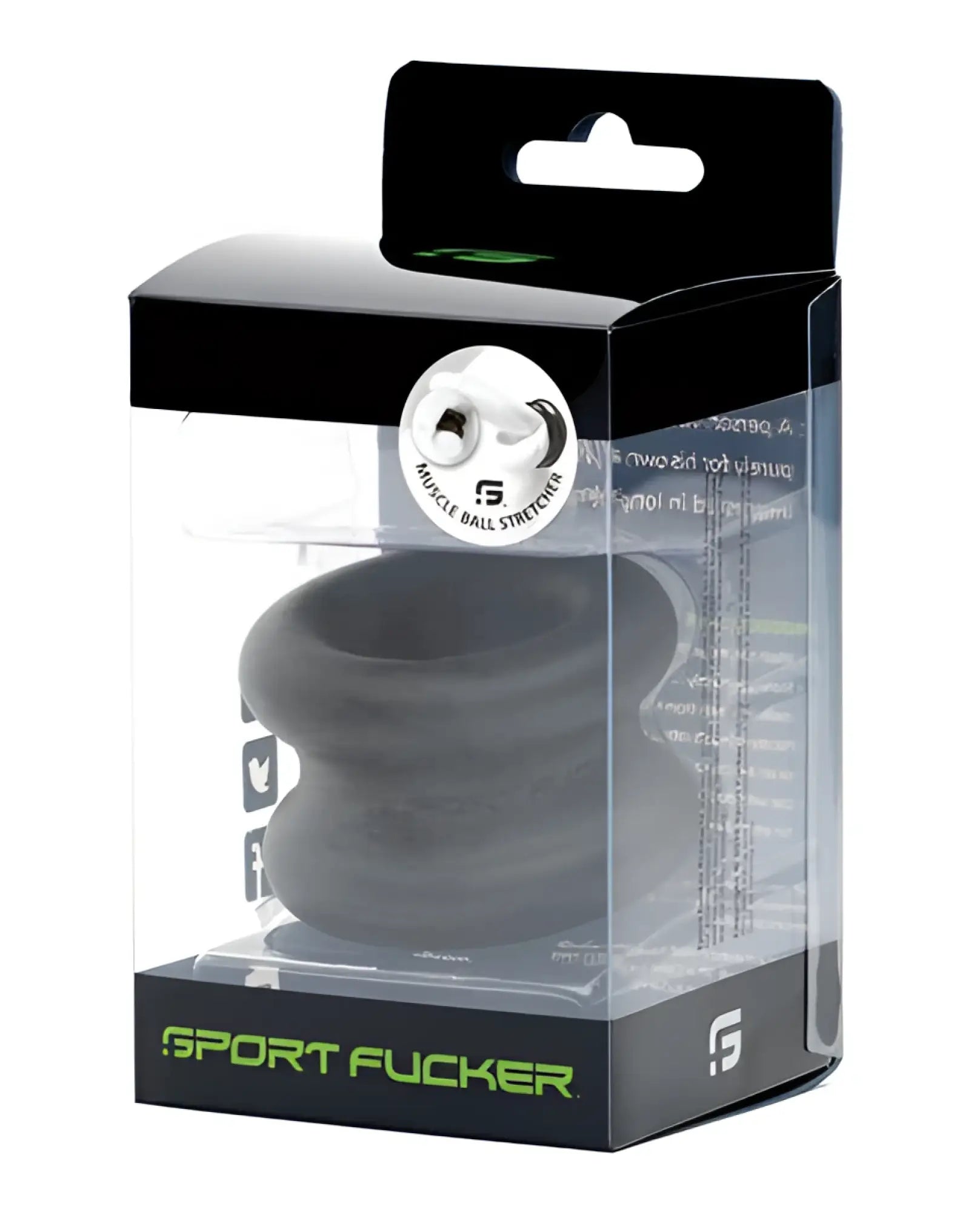 Black silicone muscle ball stretcher in clear packaging with green sport fucker branding visible on the front