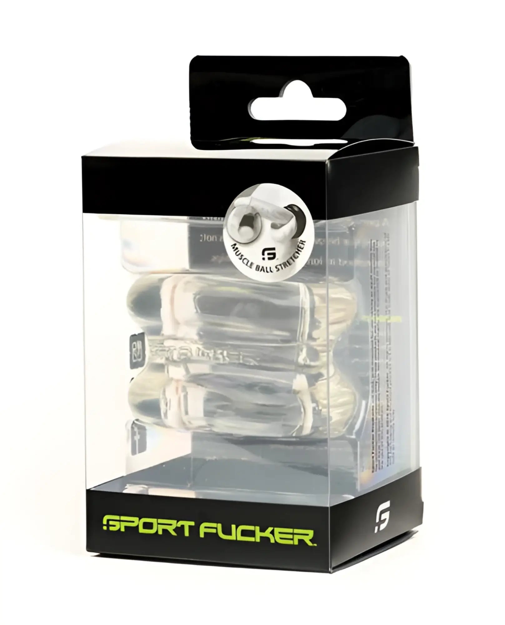 Clear plastic Sport Fucker muscle ball stretchers in black and transparent packaging with neon green branding