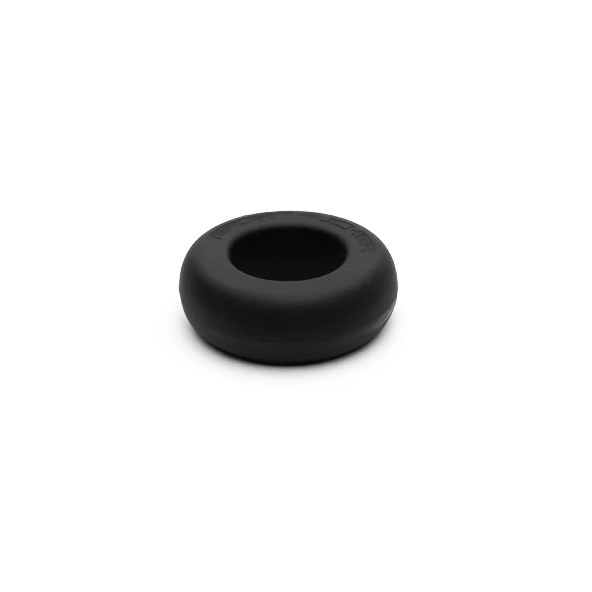 Black silicone sport fucker muscle cockring with smooth matte finish and embossed text on the outer edge