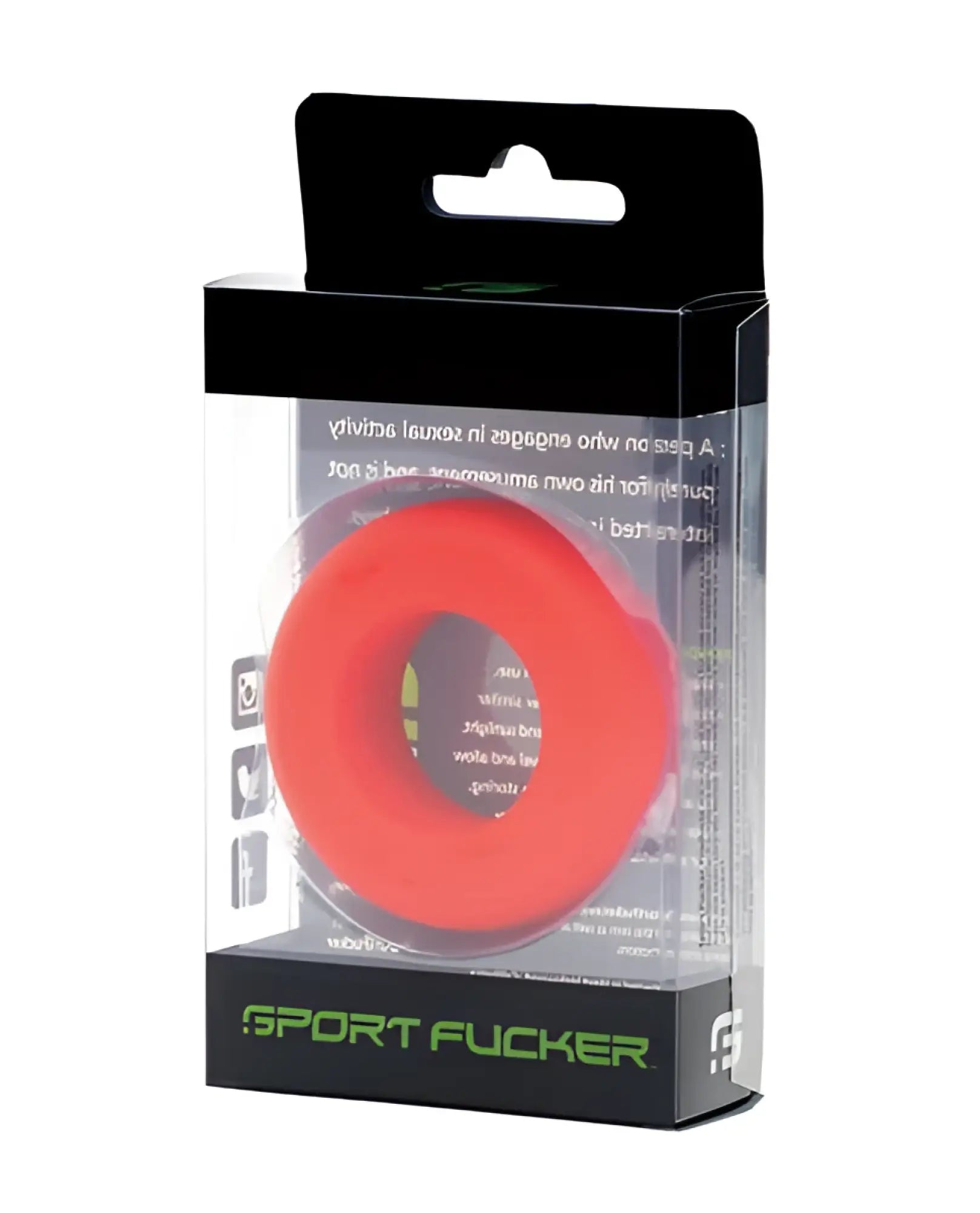 Bright red silicone sport fucker muscle ring packaged in black and clear plastic for athletic use