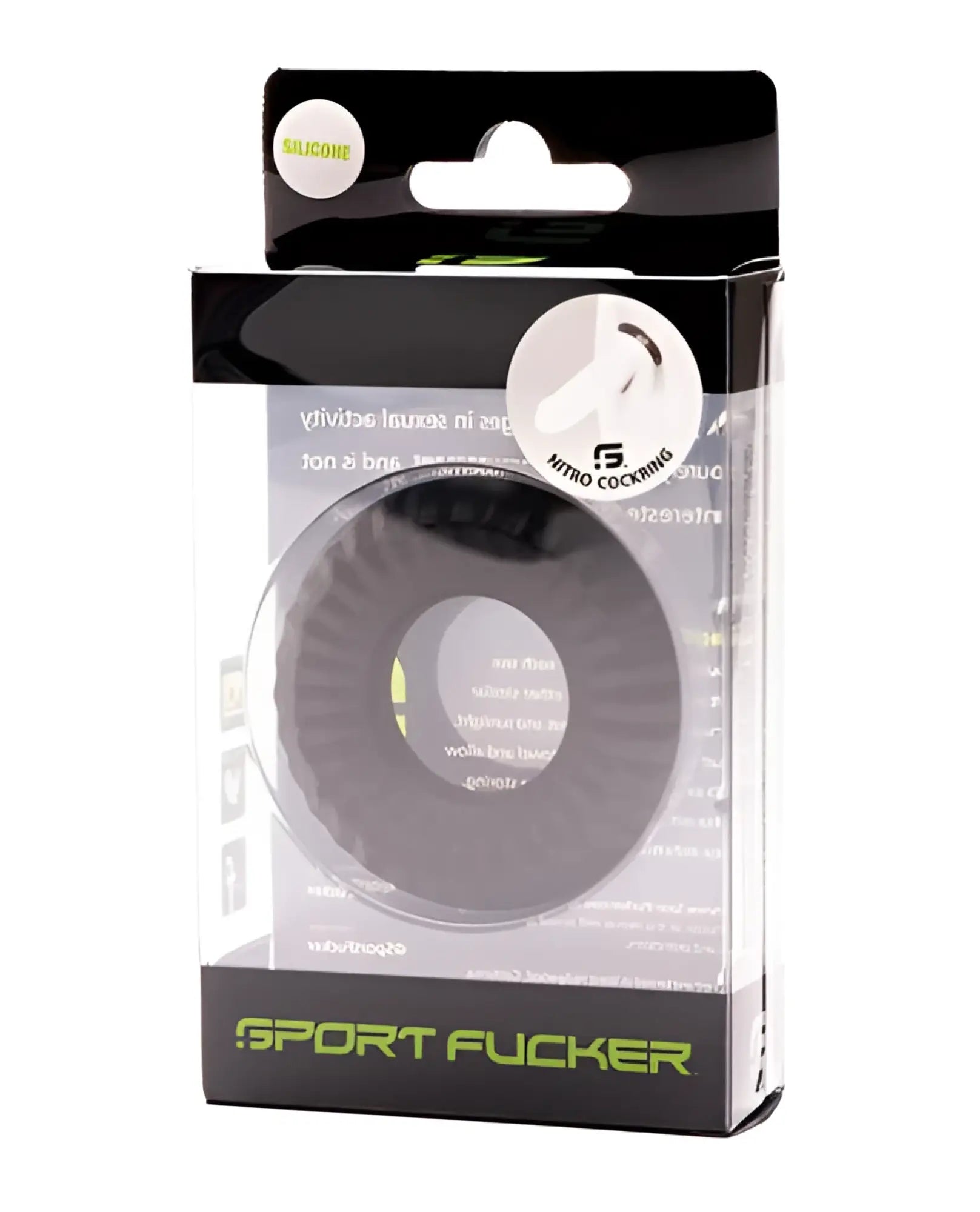 Black silicone sport fucker nitro ring with textured ribbed outer surface and smooth inner lining