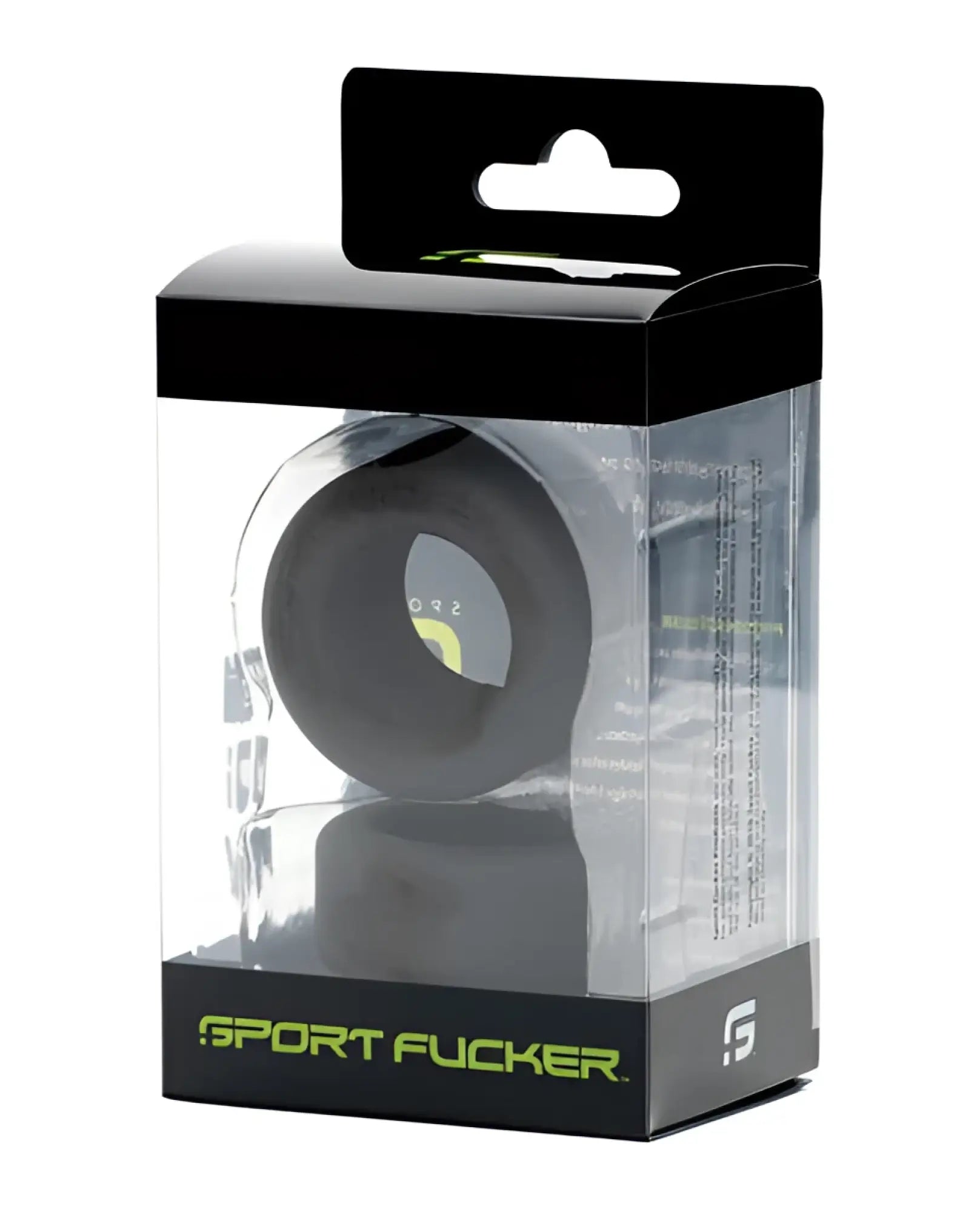 Black silicone sport fucker nutt job ring in clear plastic packaging with black and neon green branding