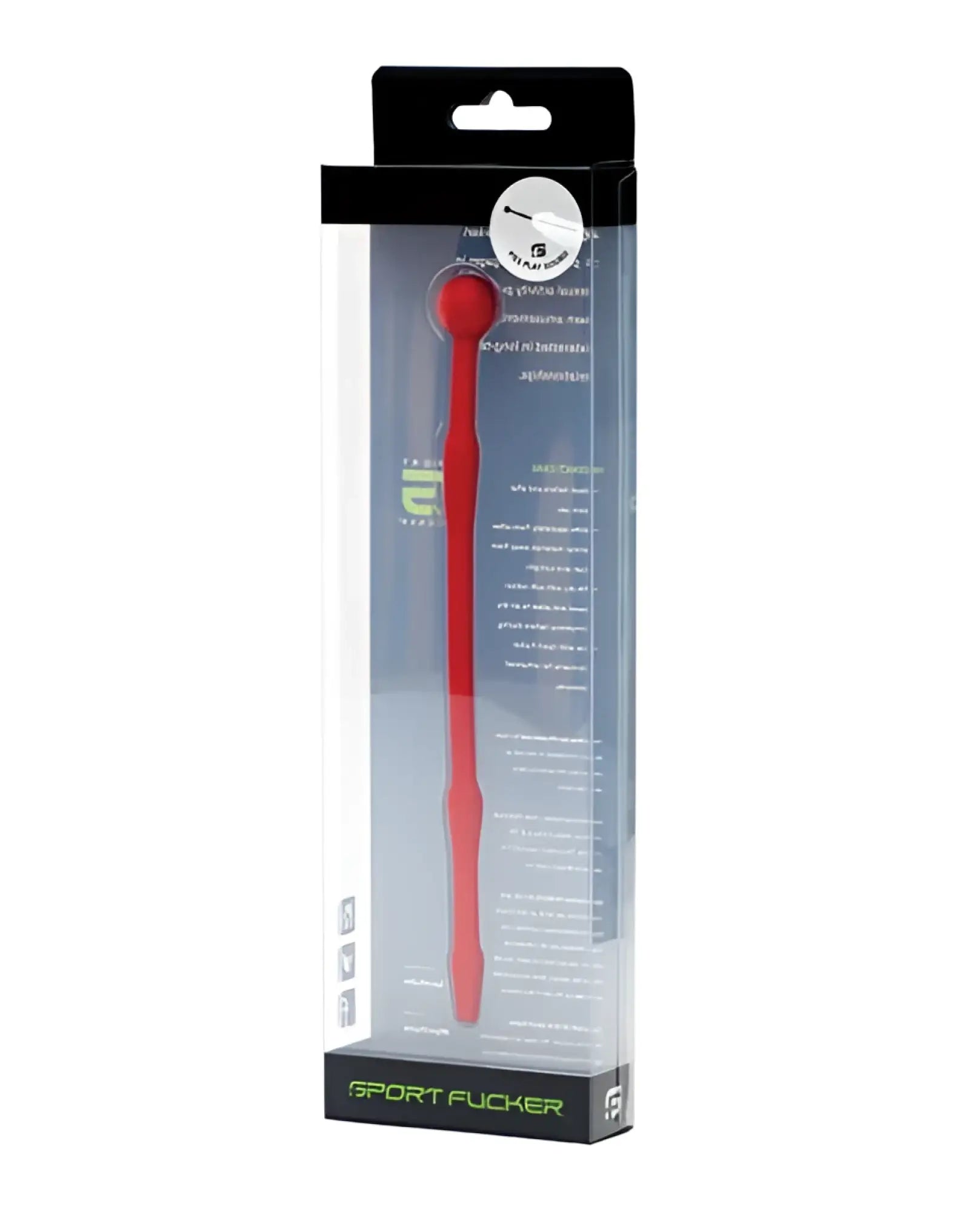 Red silicone sport flogger branded Sport Fucker in clear packaging designed for piss play sound use