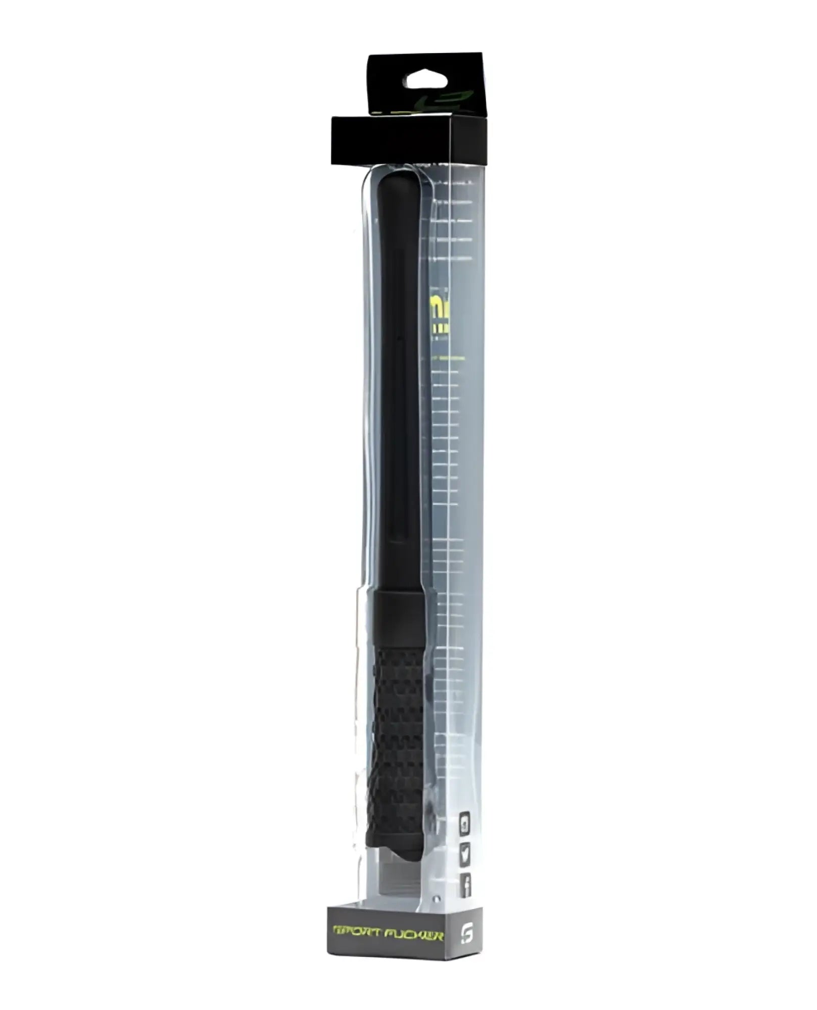 Black sport pucker powershot nozzle hair straightener with textured grip and measurement markings on handle