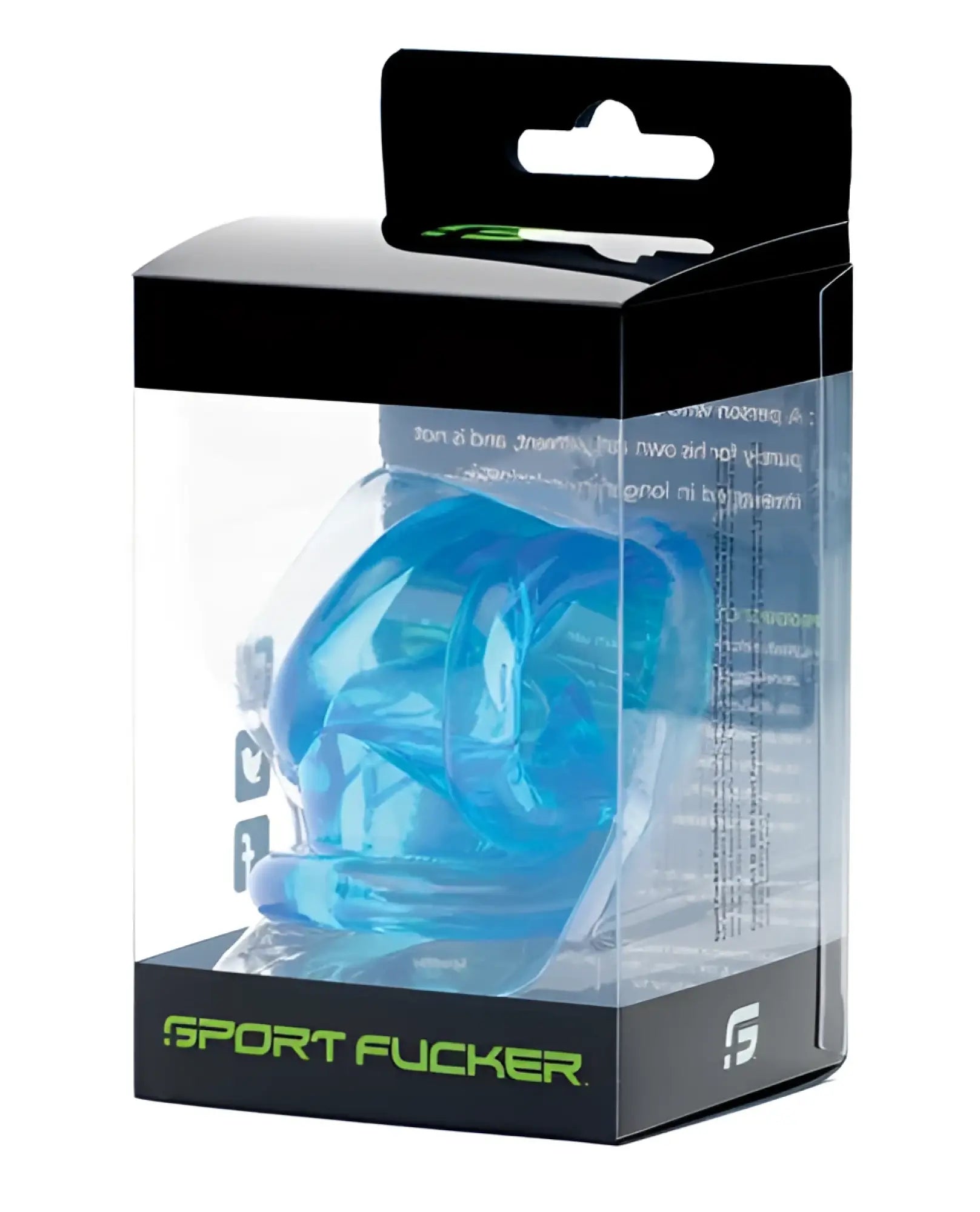 Blue translucent silicone sports cock ring in black and clear packaging titled Sport Fucker Powersling ice blue