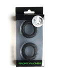 Black silicone sport flogger rings in clear plastic package with green branding for sport fucker ready rings use