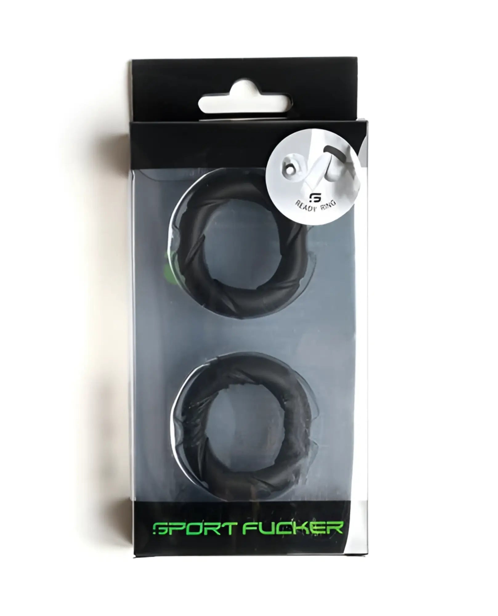 Black silicone sport flogger rings in clear plastic package with green branding for sport fucker ready rings use